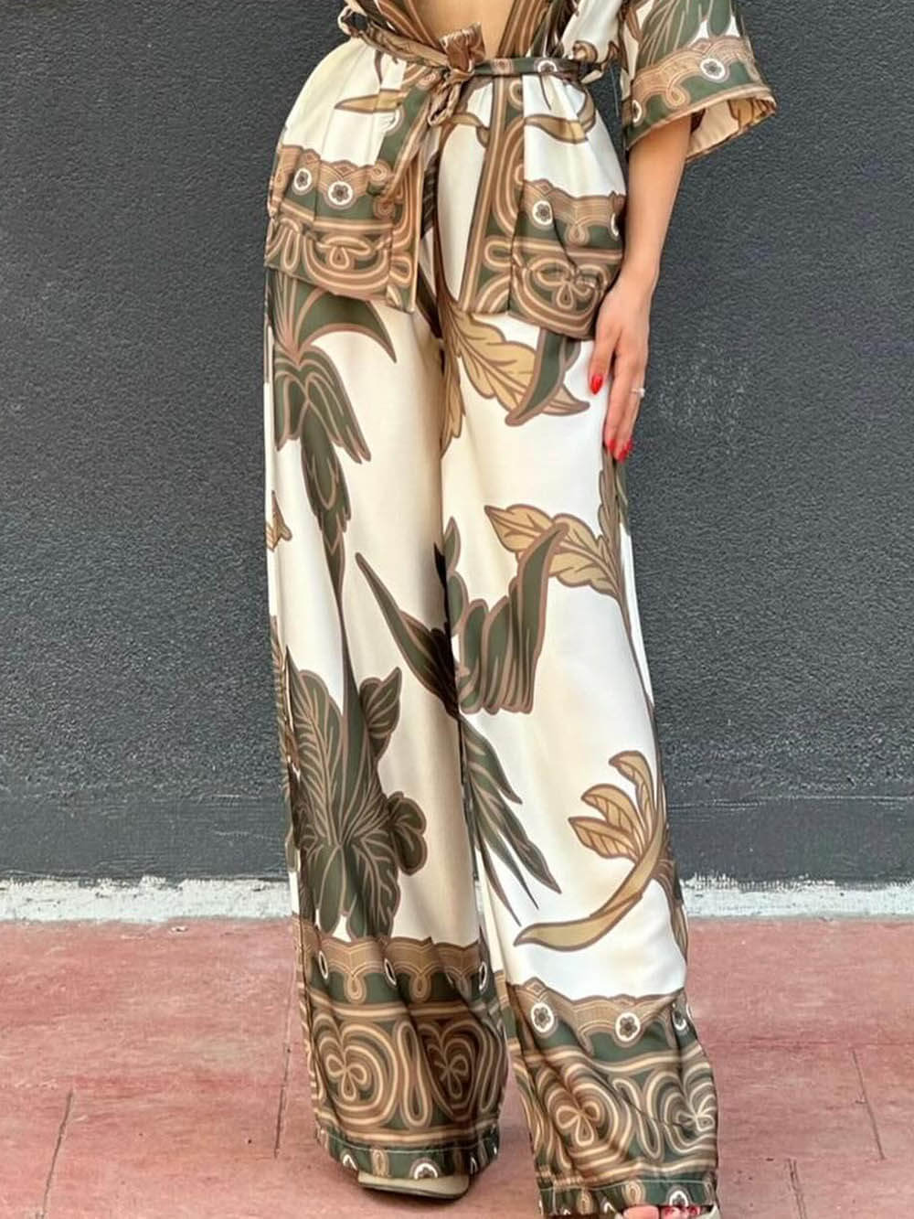 Simple Unique Hazelnut Flower Print Elastic Waist Wide-Leg Pants