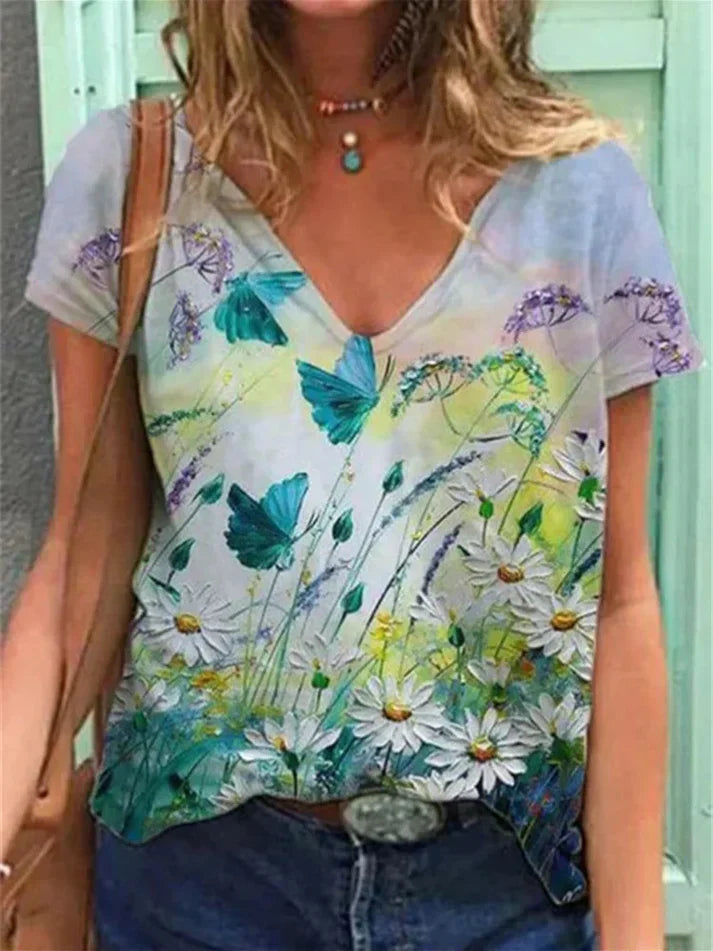 T-shirt - v-neck painting floral art