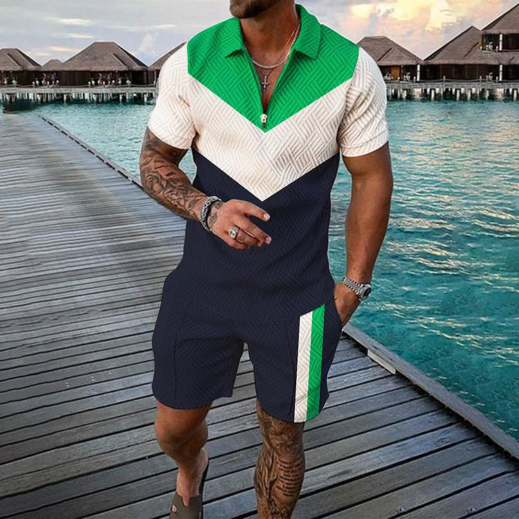 Symmetrical Color Contrast Short Sleeve Polo Shirt And Shorts Co-Ord