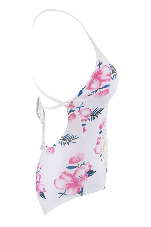 White Pink Floral Print Crochet Backless Sexy One Piece Swimsuit