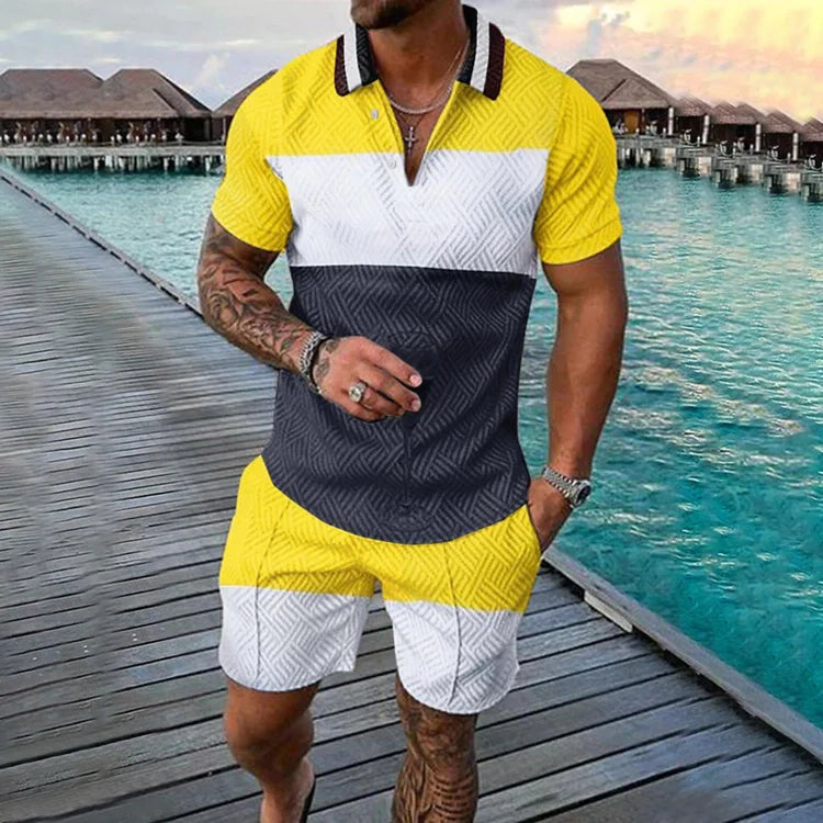 Fashion Color Block Short Sleeve Polo Shirt And Shorts Co-Ord