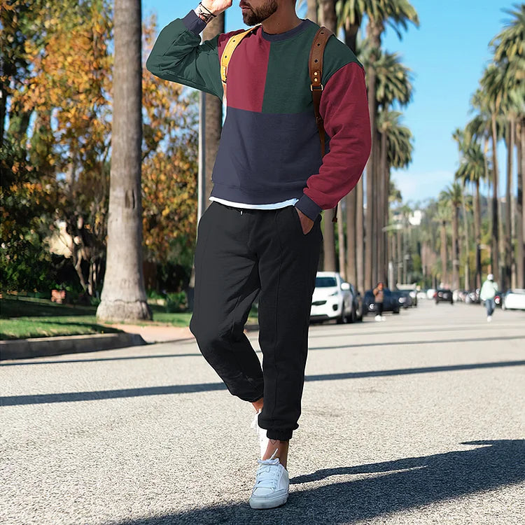 Retro Color Blocking Print Sweatshirt And Sweatpants Co-Ord