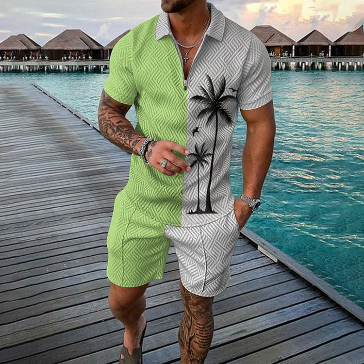 Coconut Tree Color Contrast Stripes Print Short Sleeve Polo Shirt And Shorts Co-Ord