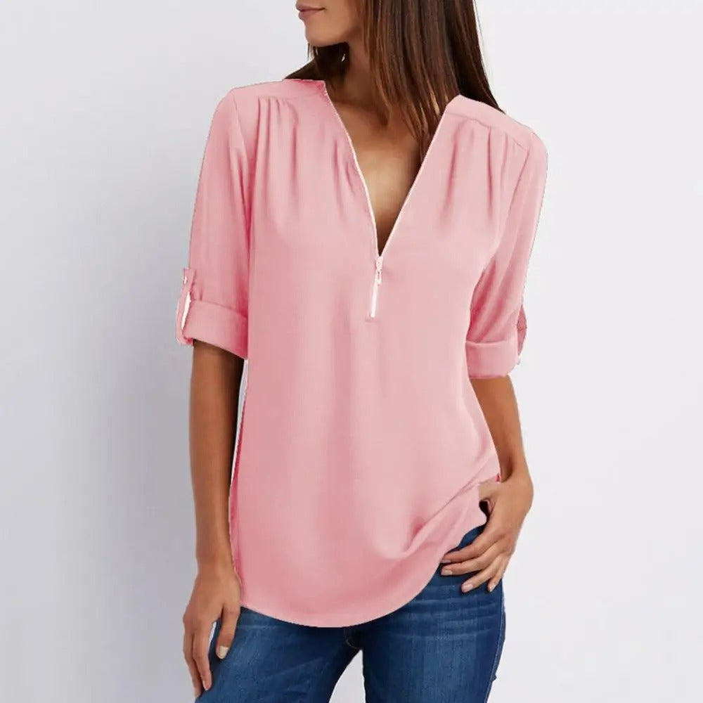 V-neck with half zip Warm loose blouse for women