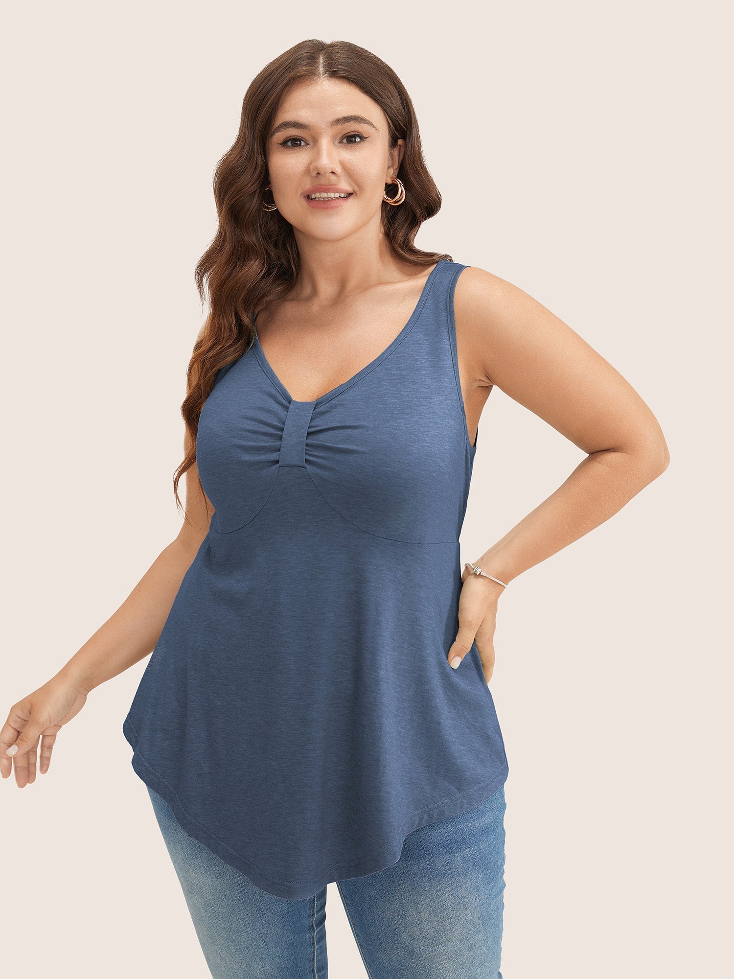 Solid Ruched Detail Asymmetrical Hem Tank Top