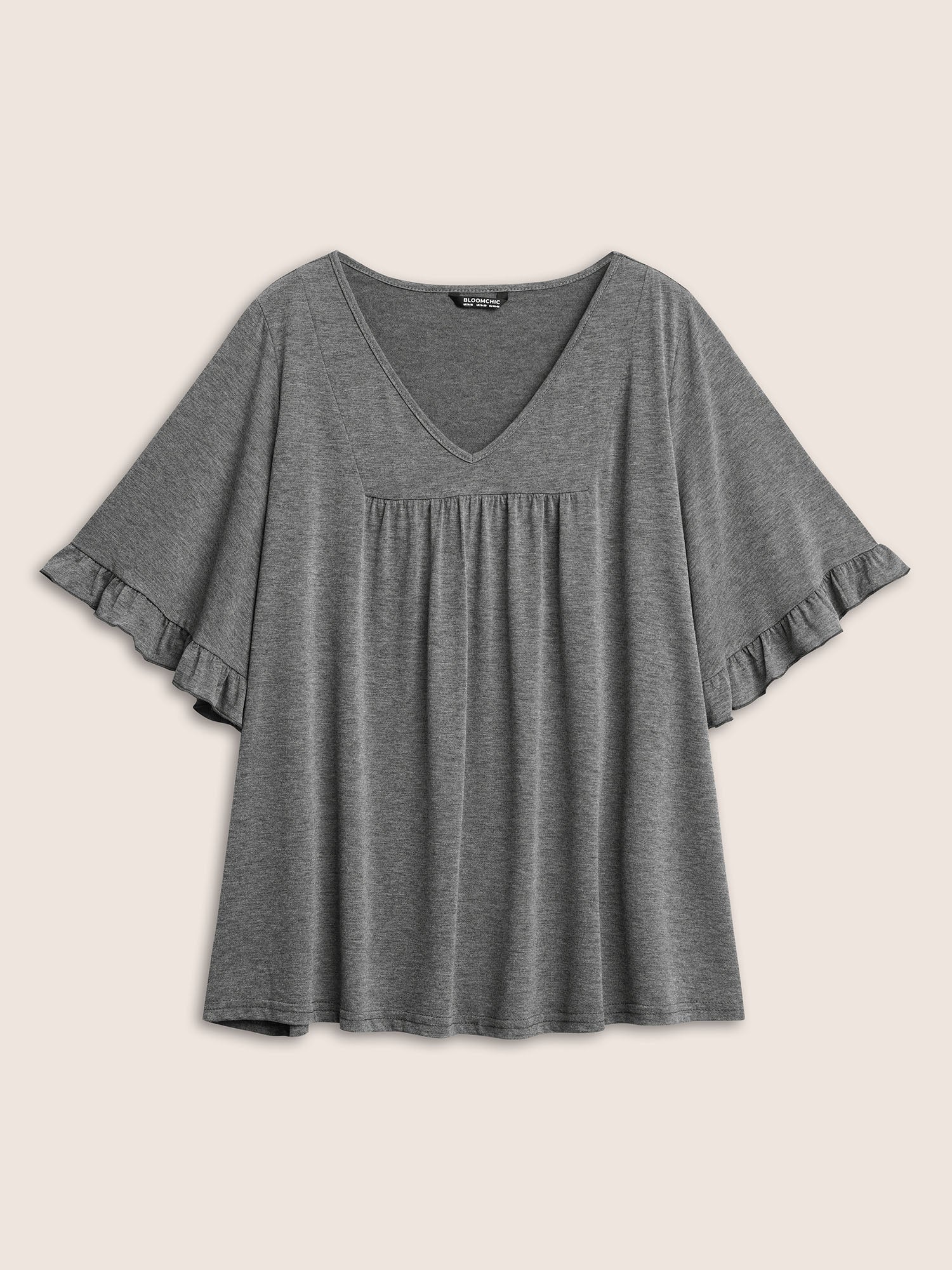 Solid Gathered Ruffle Trim Flounce Sleeve T-shirt