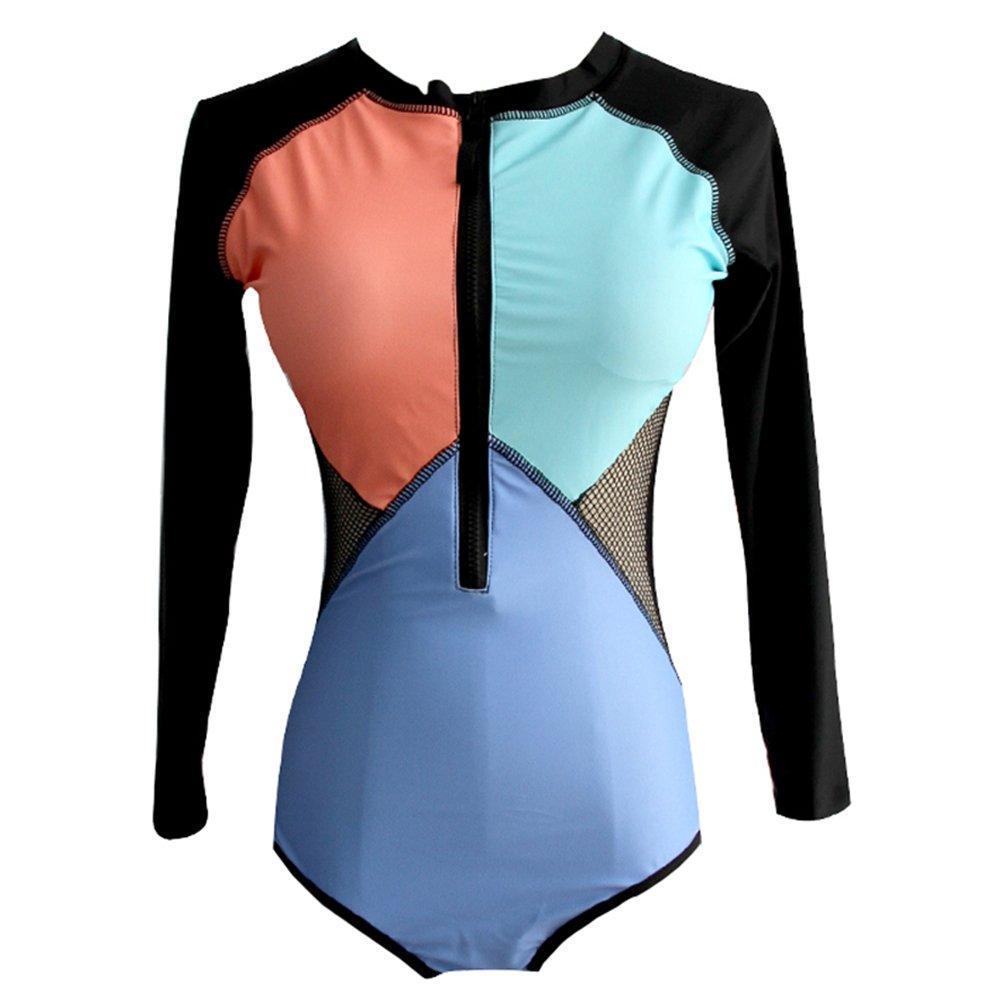 Active Color Block Surf Long Sleeve Rash Guard One Piece Swimsuit