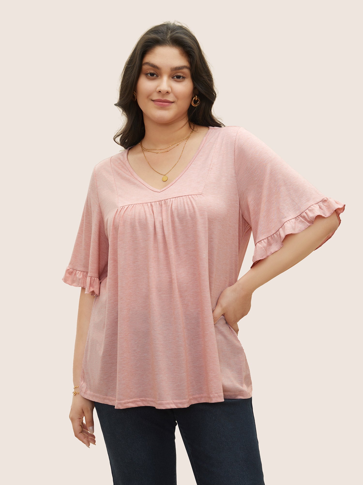 Solid Gathered Ruffle Trim Flounce Sleeve T-shirt