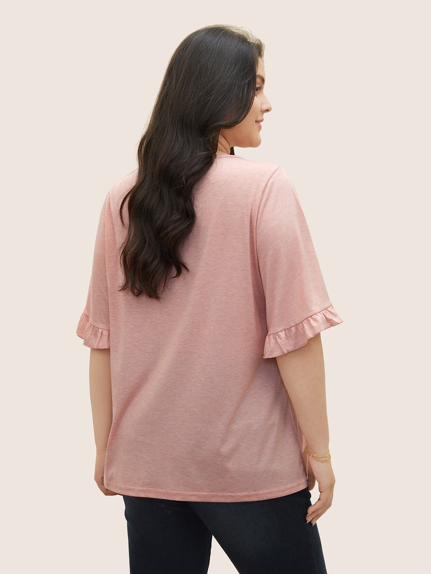 Solid Gathered Ruffle Trim Flounce Sleeve T-shirt