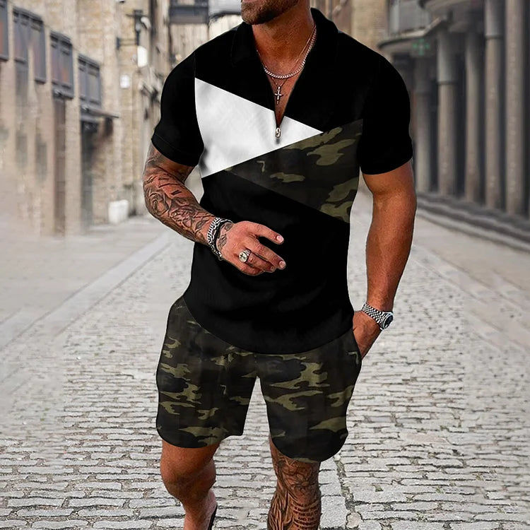 Men's Camouflage Color Contrast Short Sleeve Polo Shirt And Shorts Co-Ord