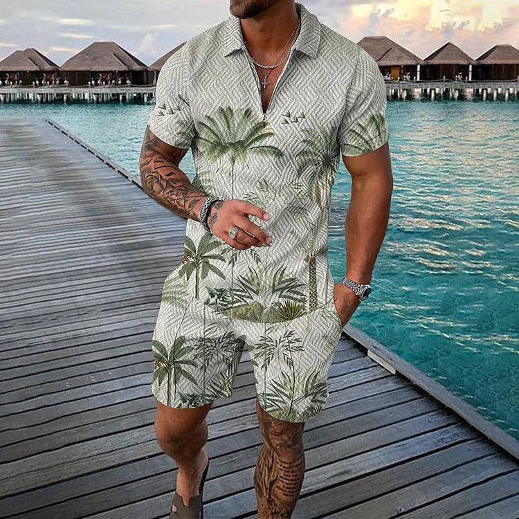 Casual Coconut Pattern Print Short Sleeve Polo Shirt And Shorts Co-Ord