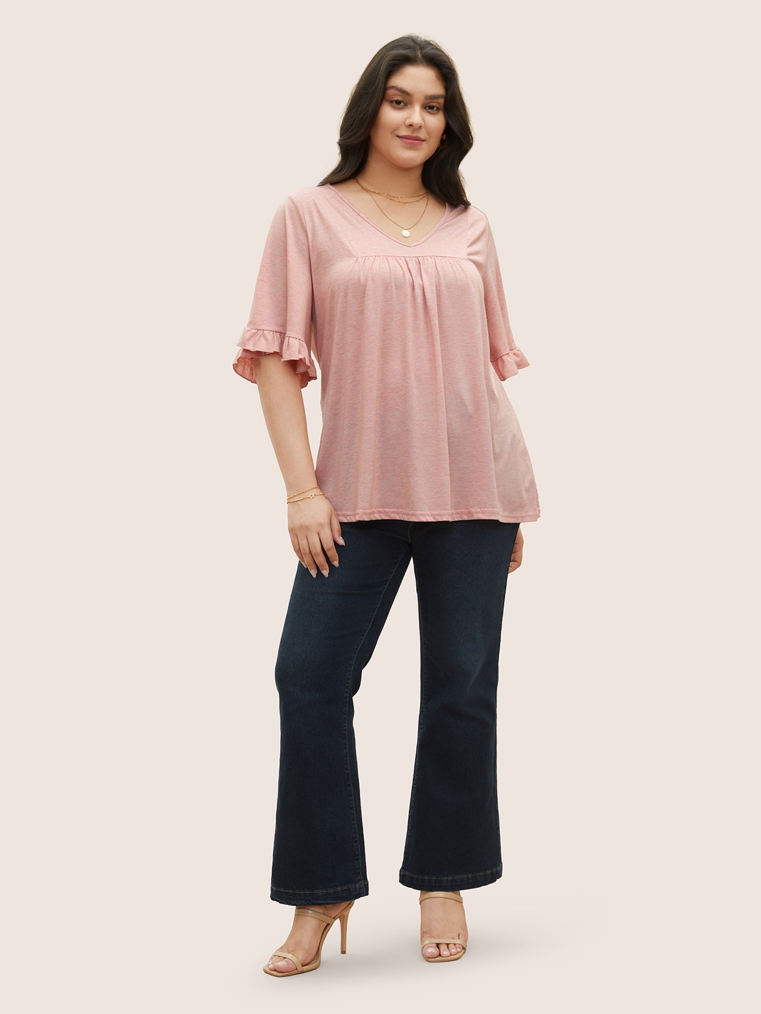 Solid Gathered Ruffle Trim Flounce Sleeve T-shirt