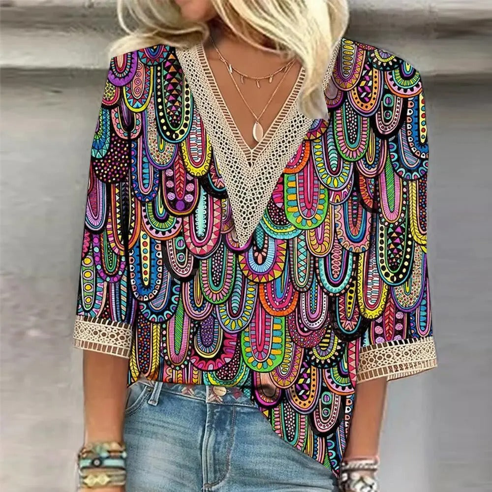 Stylish printed V-neck loose-fitting blouse for women