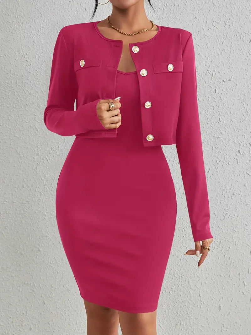 Cami Dress Set With Long Sleeves and Buttoned Closure