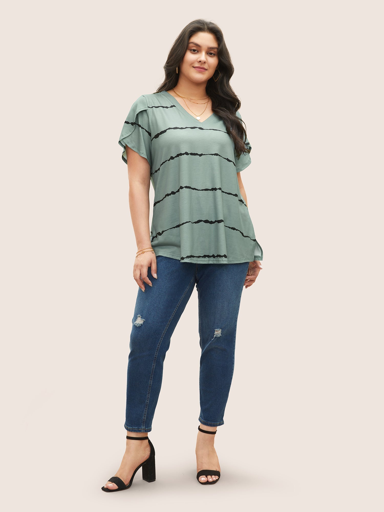 Striped Contrast Petal Sleeve T-shirt