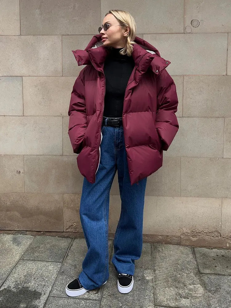 Women's Puffer Coat - Quilted Longline - Hooded High Collar - Warm Insulated