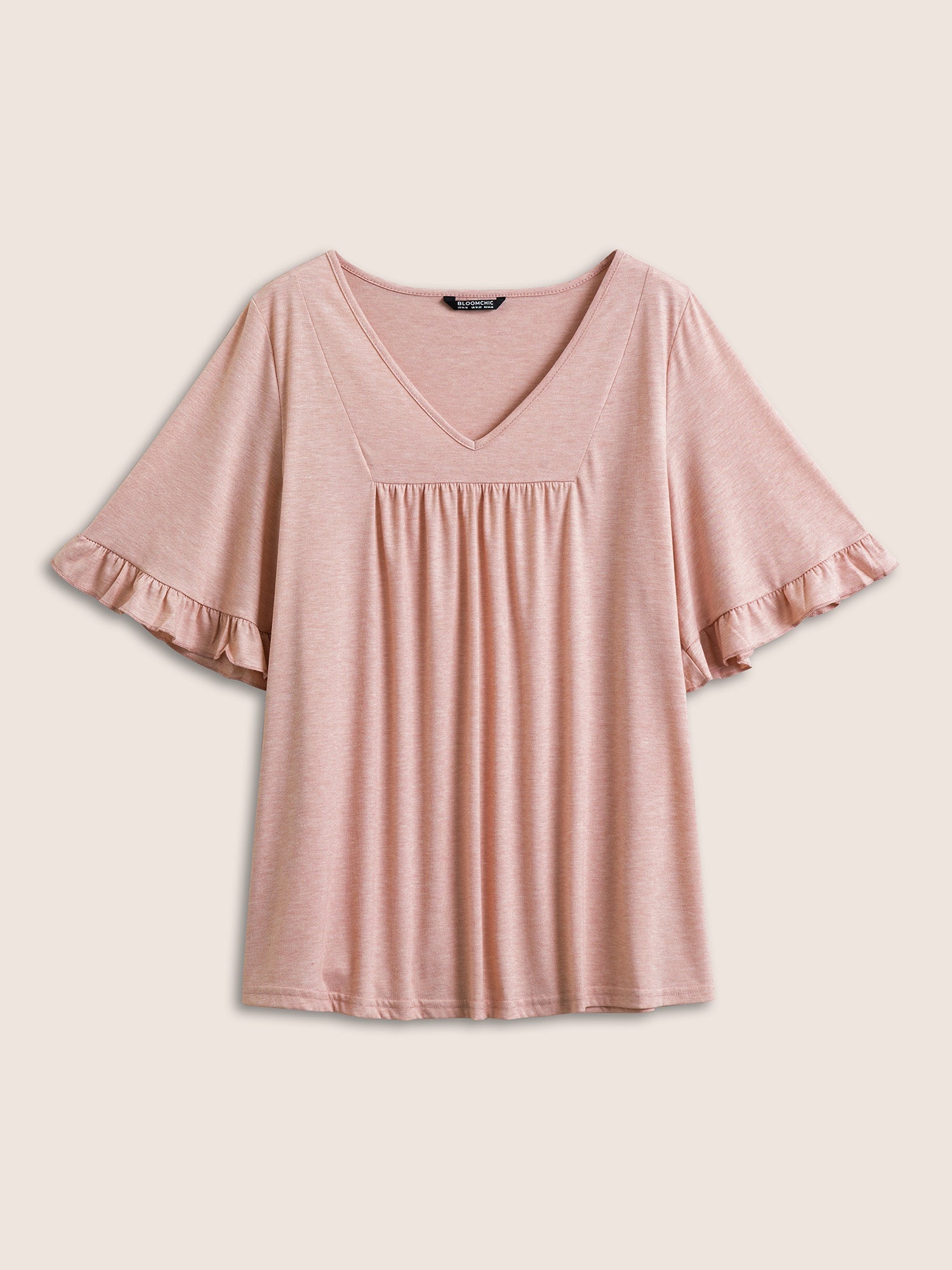 Solid Gathered Ruffle Trim Flounce Sleeve T-shirt