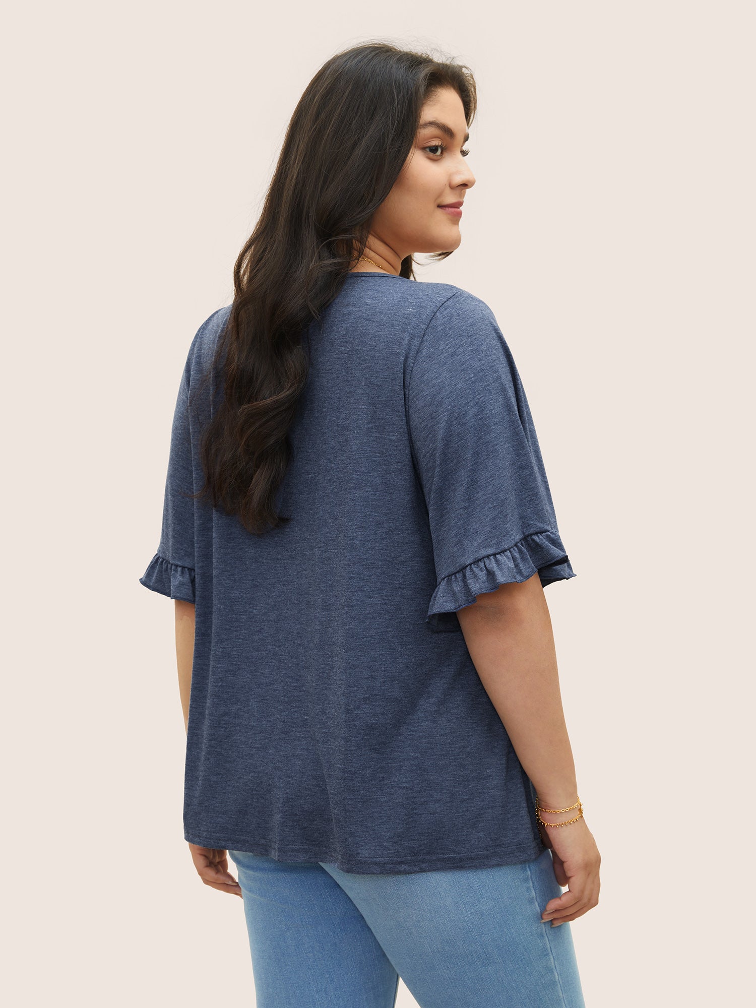 Solid Gathered Ruffle Trim Flounce Sleeve T-shirt