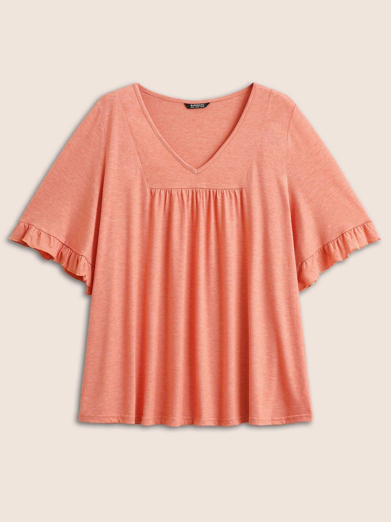 Solid Gathered Ruffle Trim Flounce Sleeve T-shirt