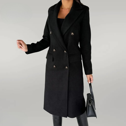 Women's Long Wool-Blend Coat - Double-Breasted - Tailored Fit - Notched Lapels
