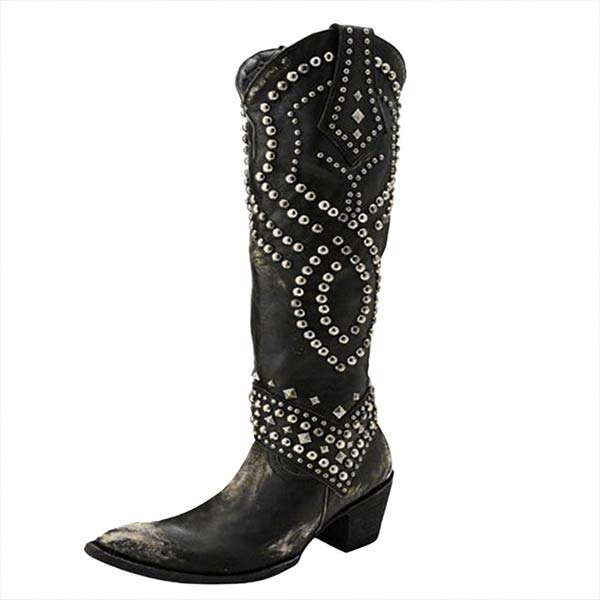 High boots with metal studs and cobby heel