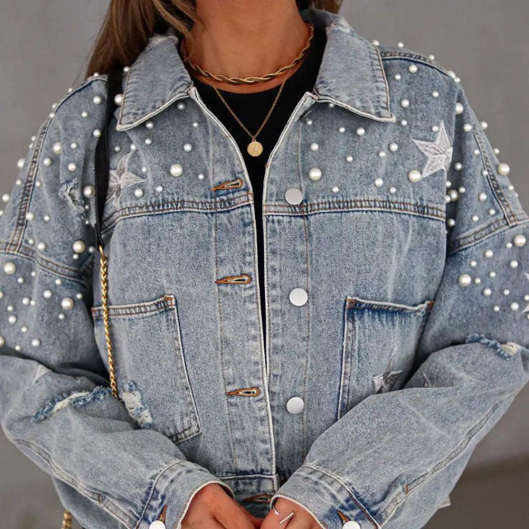 Veda - Denim jacket with pearl embellishment and star accents