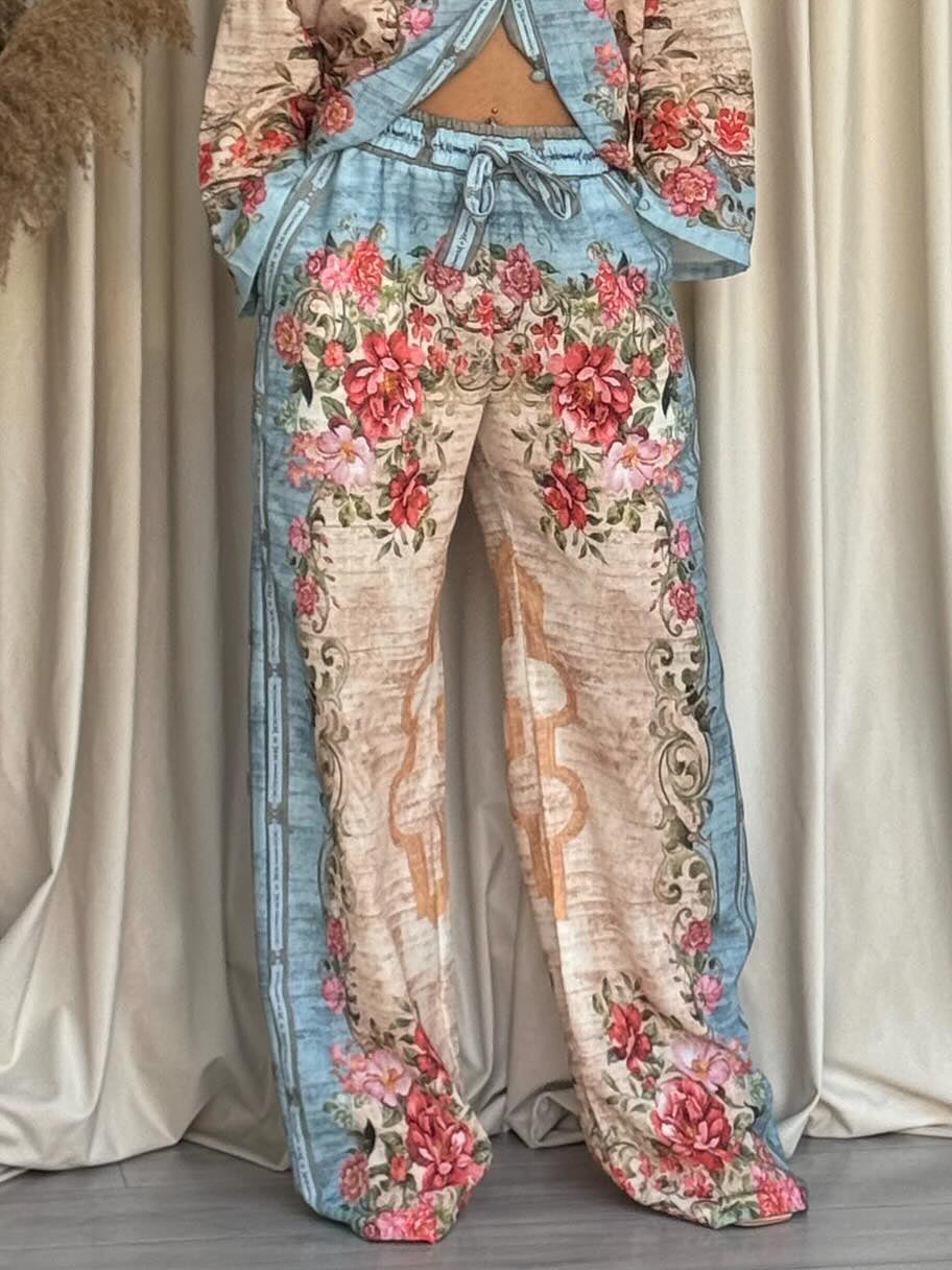 Unique Retro Palace Floral Print Side Pocket Wide-Leg Pants