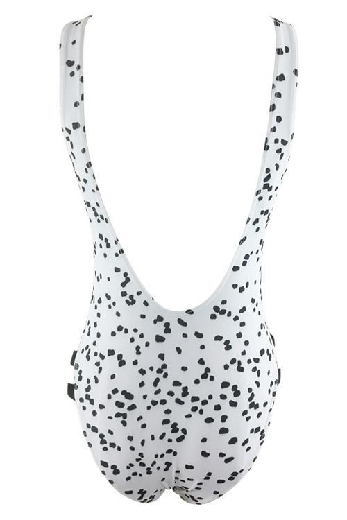 White Triangle Plunging Polka Dot Print Strappy Cutout Low Back High Cut Sexy One Piece Swimsuit