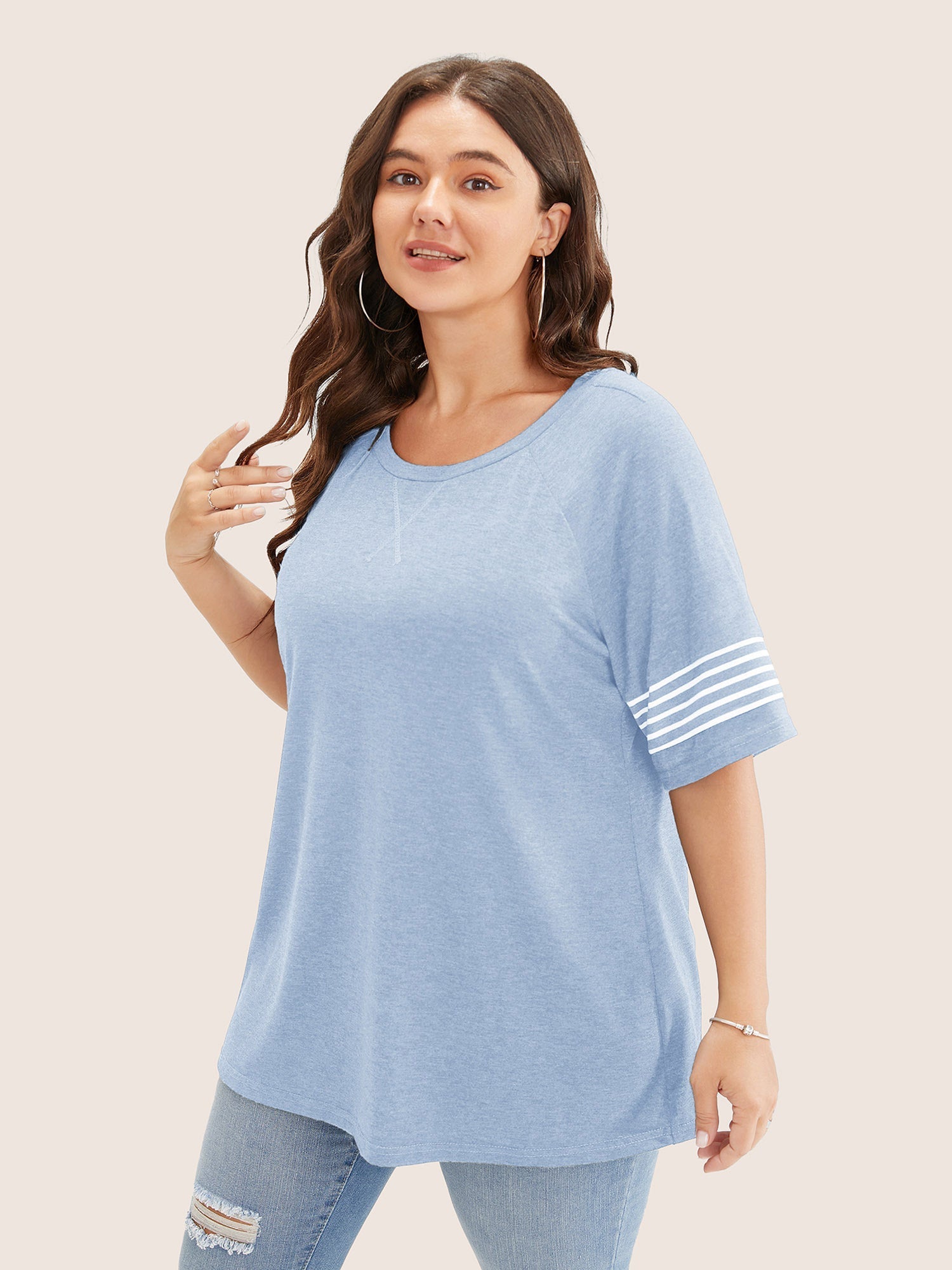 Striped Contrast Raglan Sleeve Crew Neck T-shirt