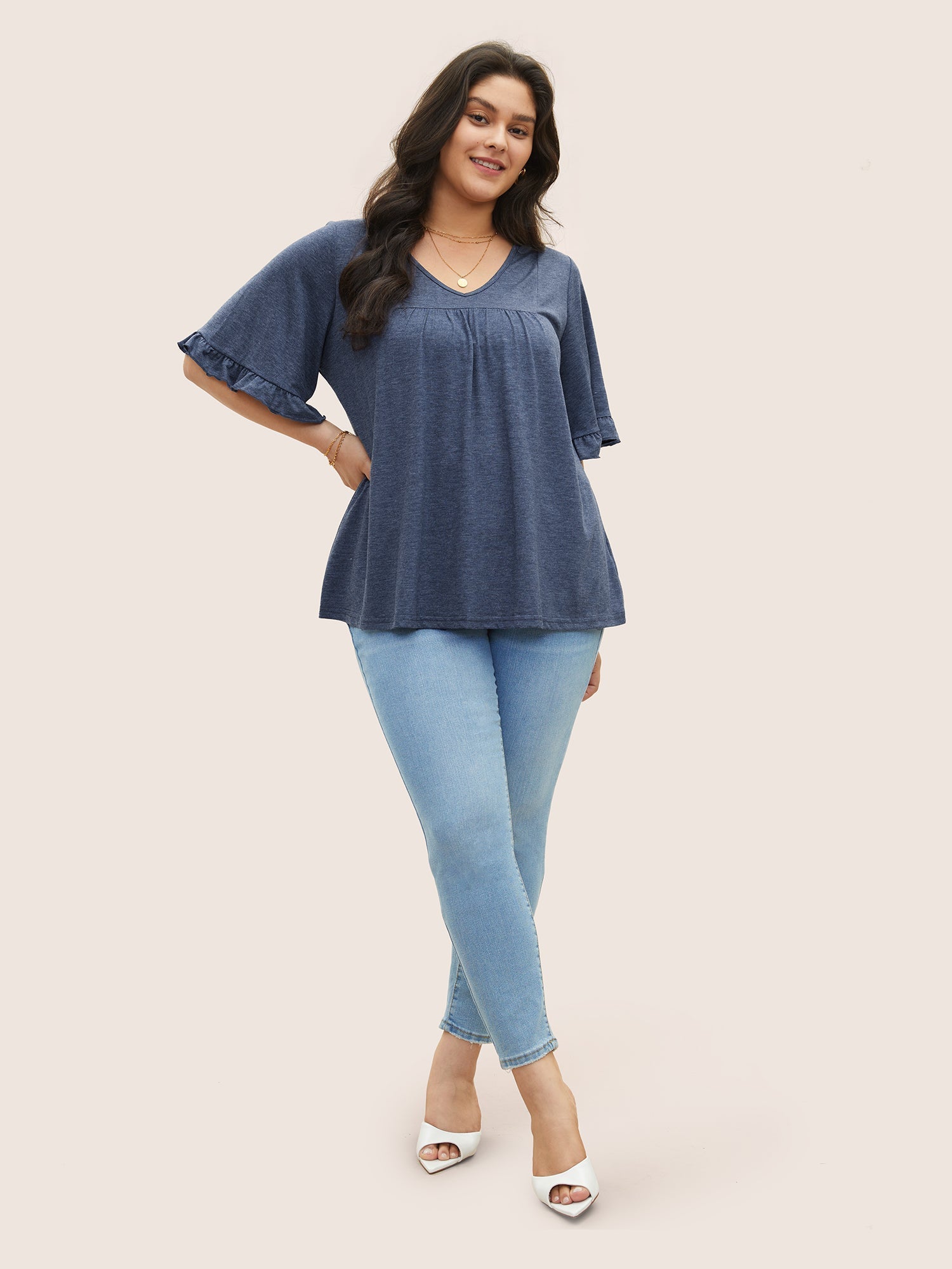 Solid Gathered Ruffle Trim Flounce Sleeve T-shirt