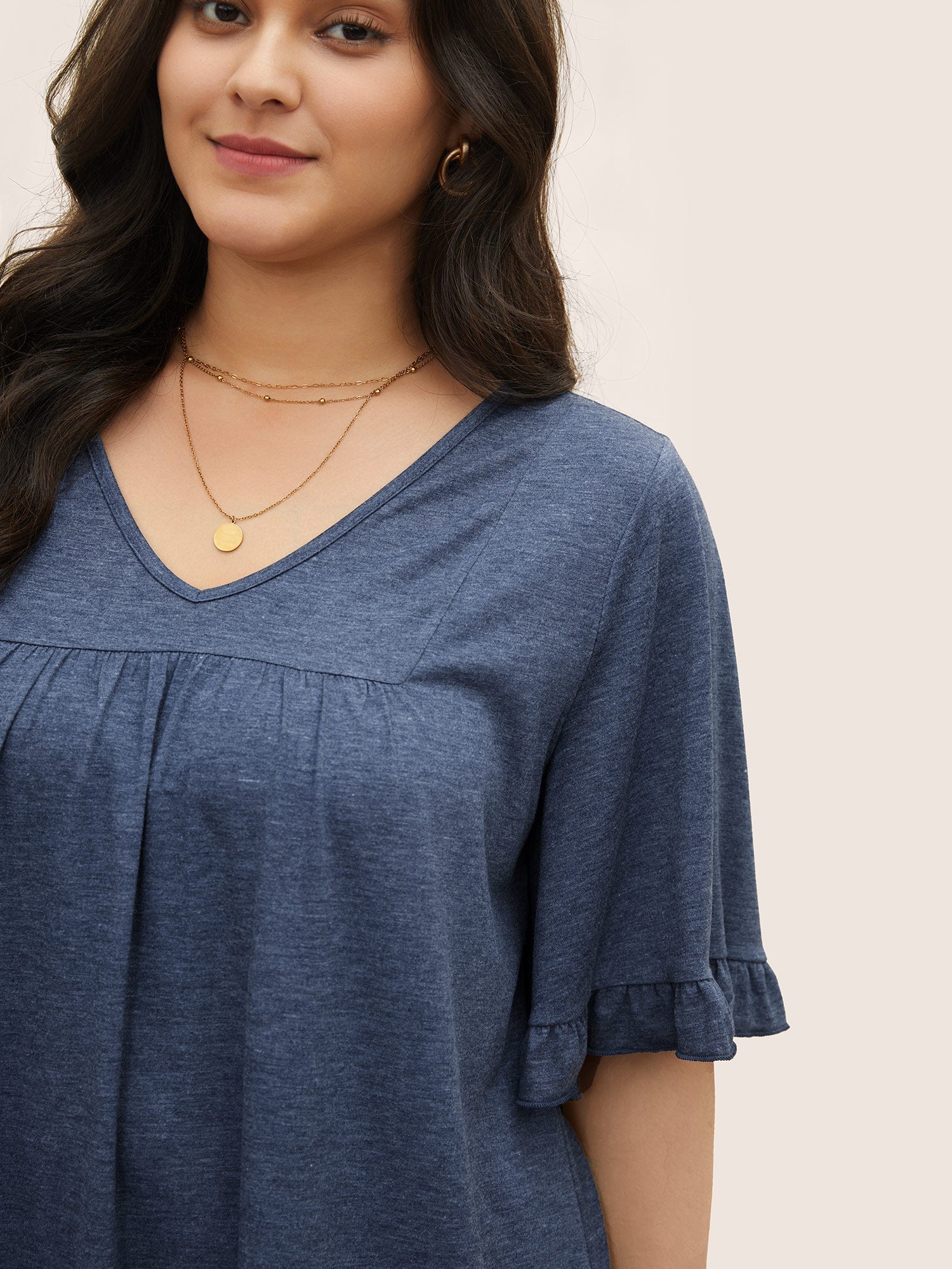 Solid Gathered Ruffle Trim Flounce Sleeve T-shirt