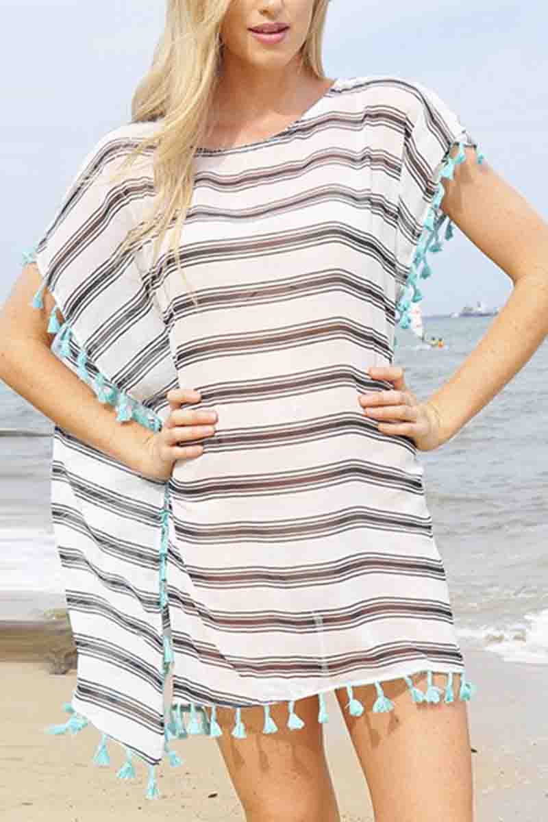 Stripe Fringed Blouse Solid Beach Dress