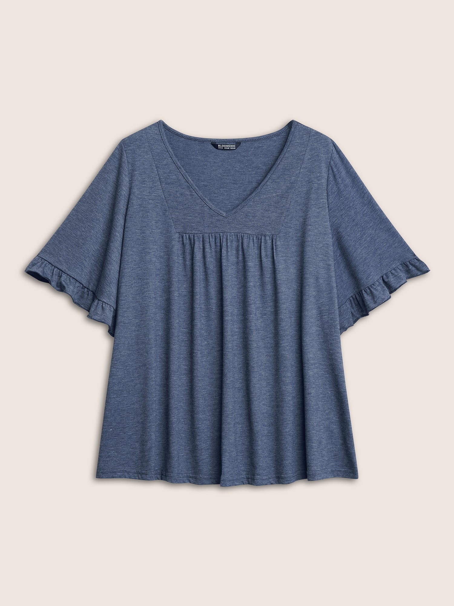 Solid Gathered Ruffle Trim Flounce Sleeve T-shirt