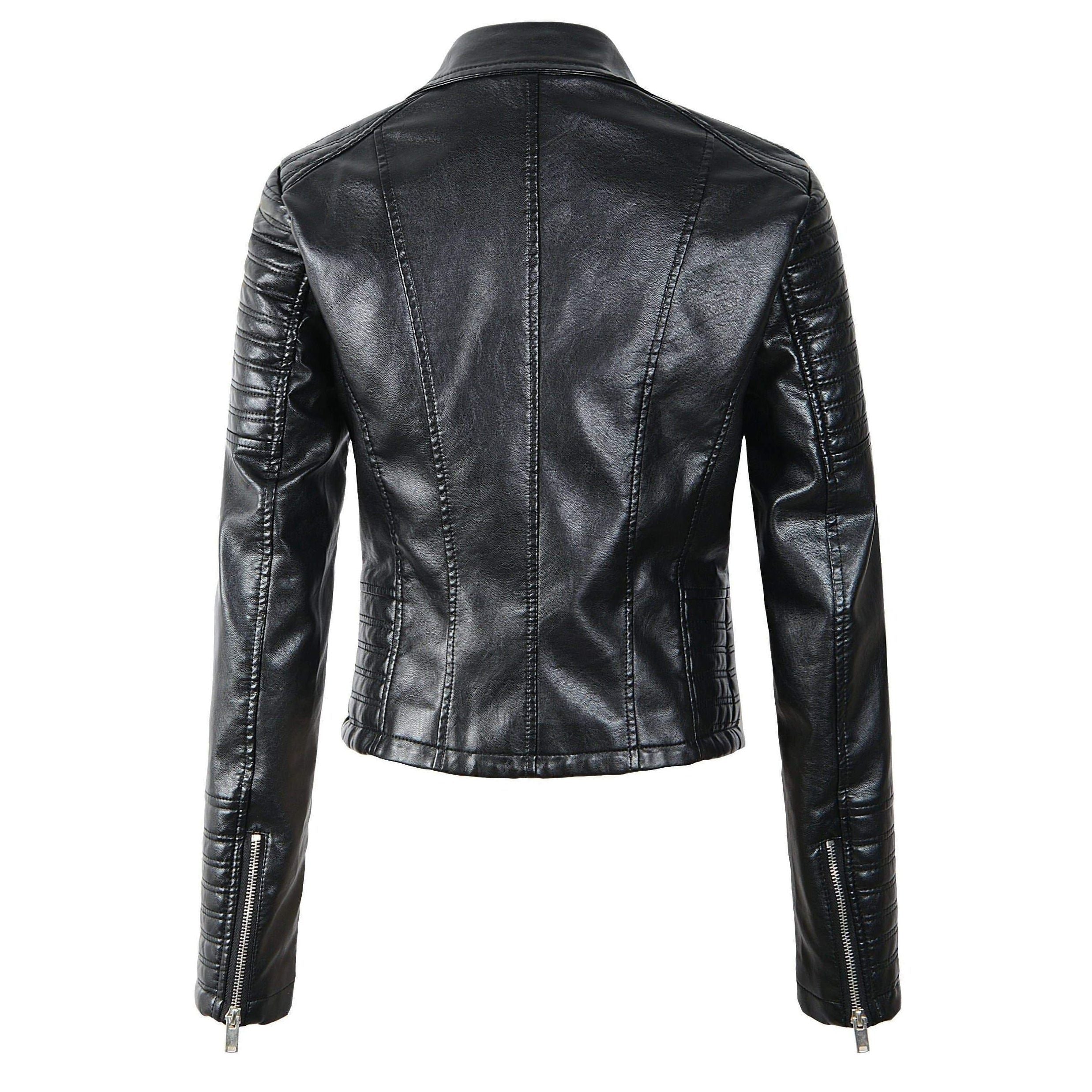 Classic women's leather biker jacket with asymmetrical zipper