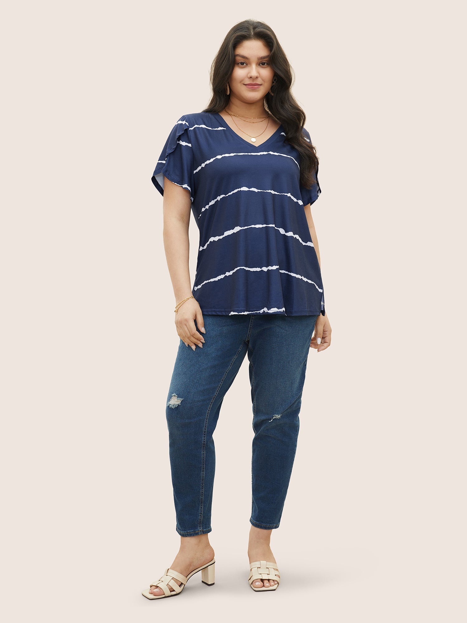 Striped Contrast Petal Sleeve T-shirt