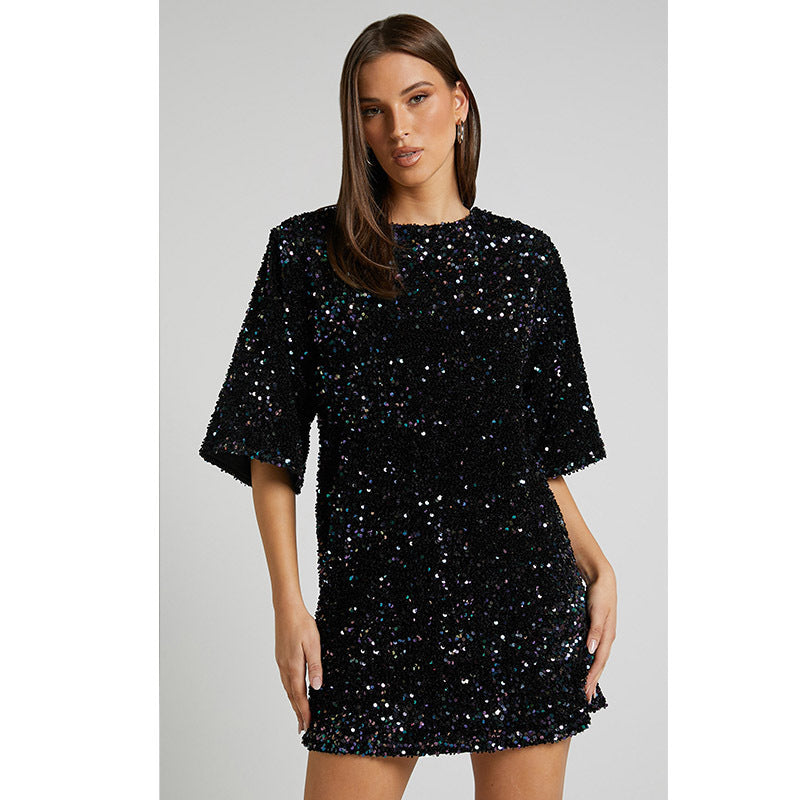 Velvet Sequins Fashion Elegant V-Neck Backless Short Sleeve Dress