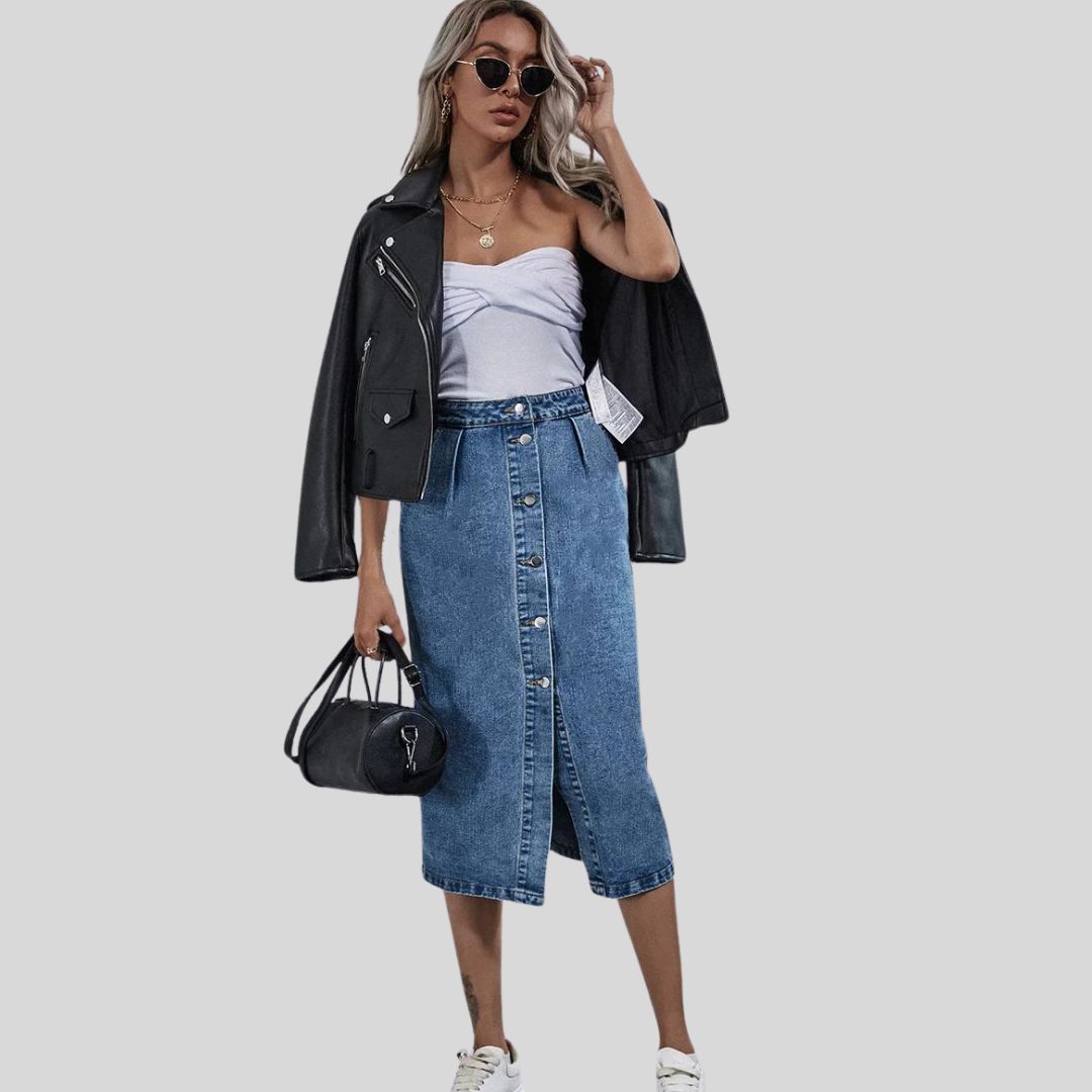 Lena - Chic denim midi skirt with button placket