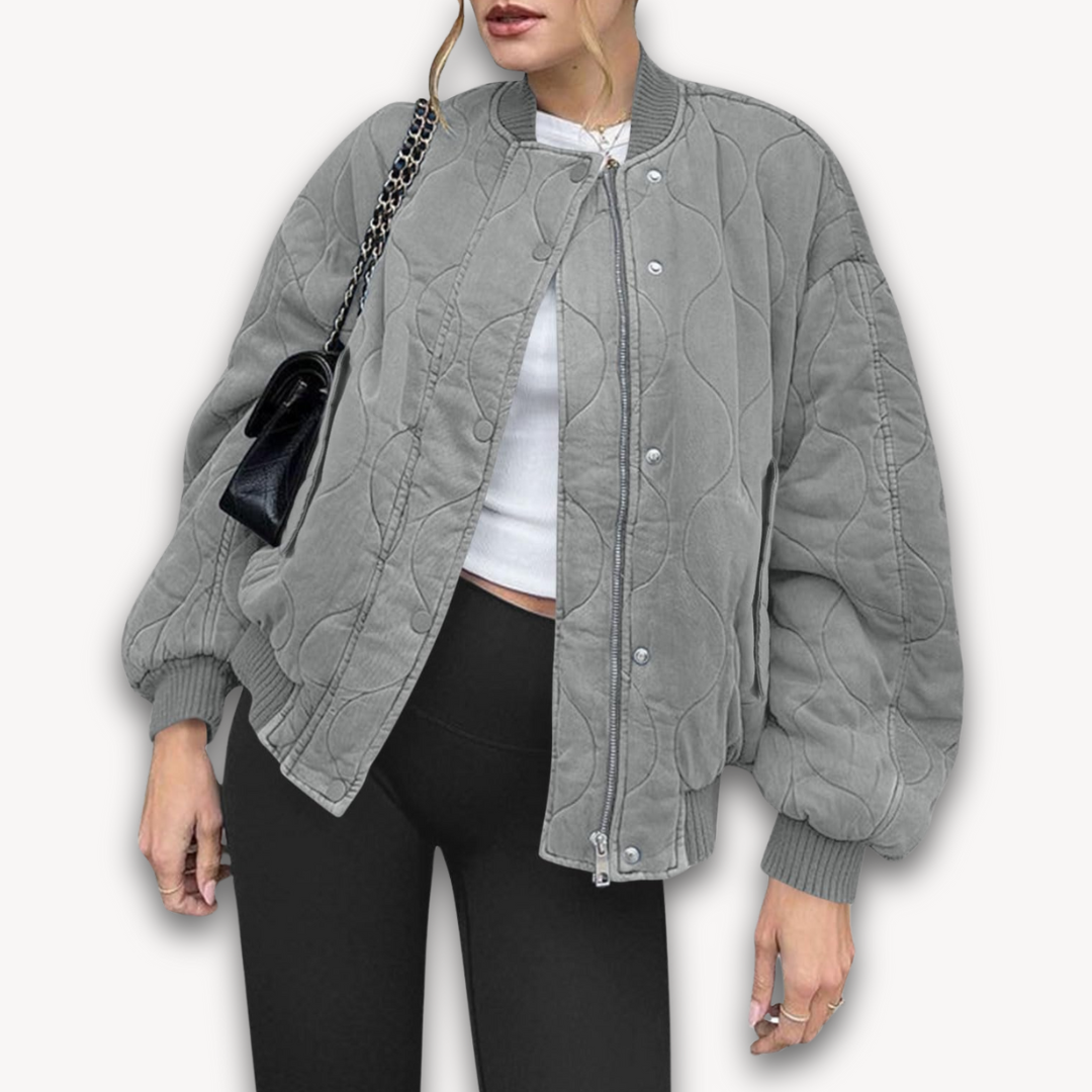 Loravelle | Women's Quilted Oversized Bomber Jacket - Lightweight Polyester Outerwear - Grey Color - Casual Streetwear Style