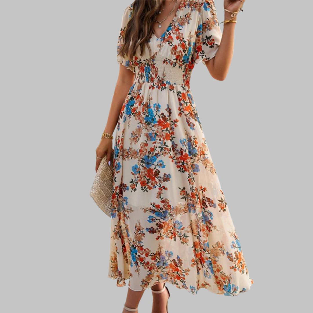 Isabella - Floral V-neck midi dress with short sleeves