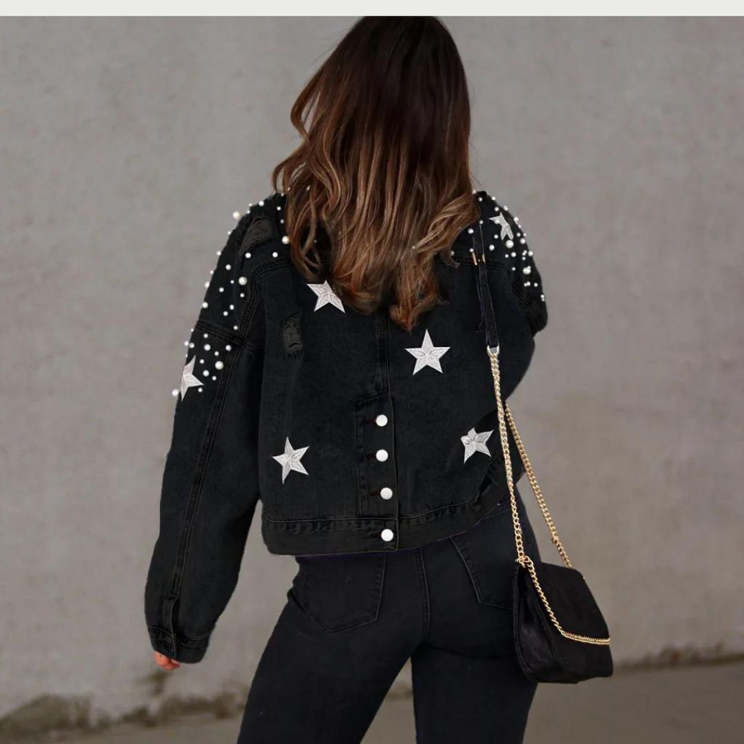 Veda - Denim jacket with pearl embellishment and star accents