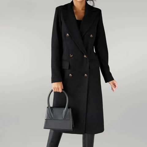 Women's Long Wool-Blend Coat - Double-Breasted - Tailored Fit - Notched Lapels