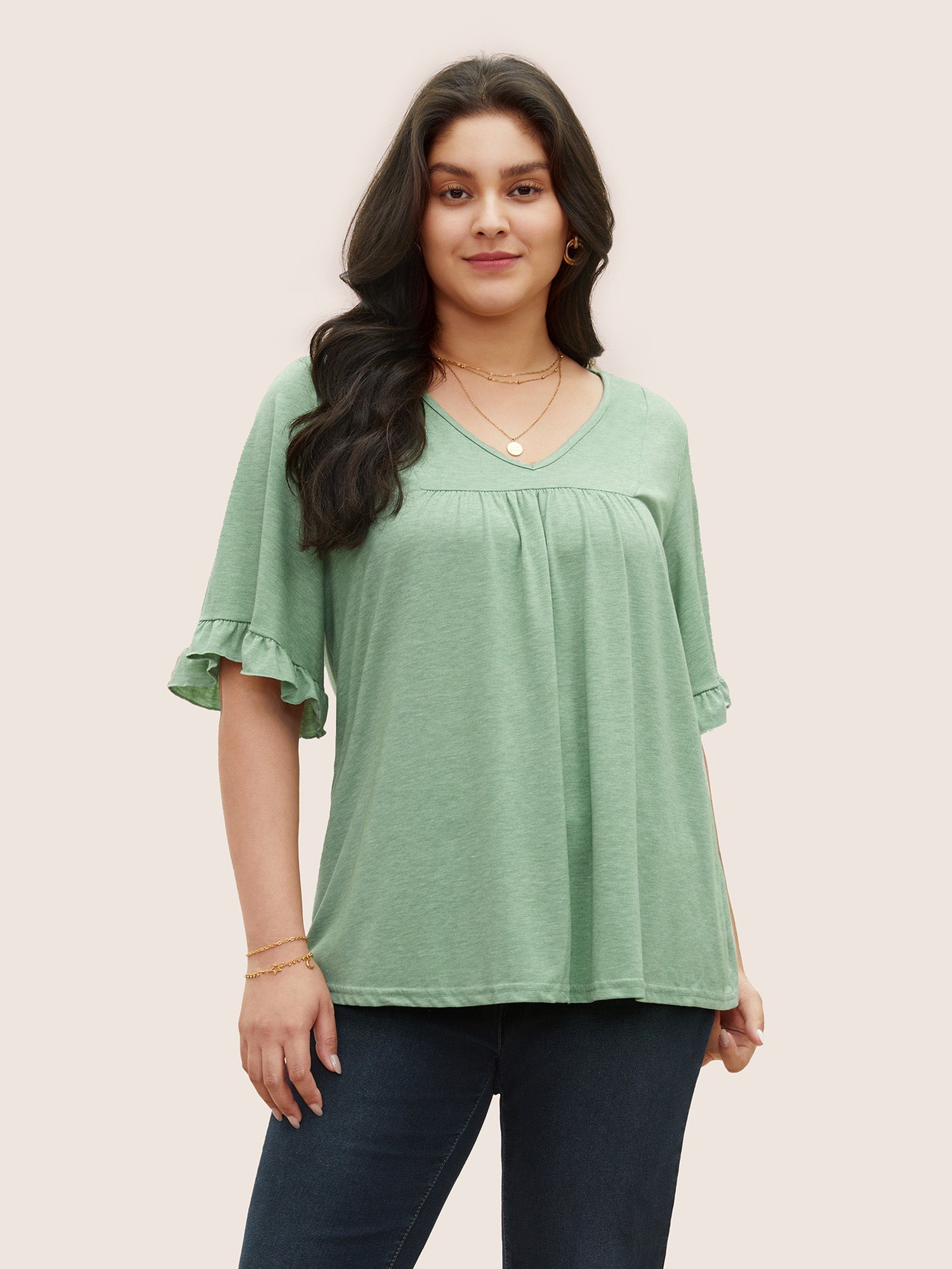 Solid Gathered Ruffle Trim Flounce Sleeve T-shirt