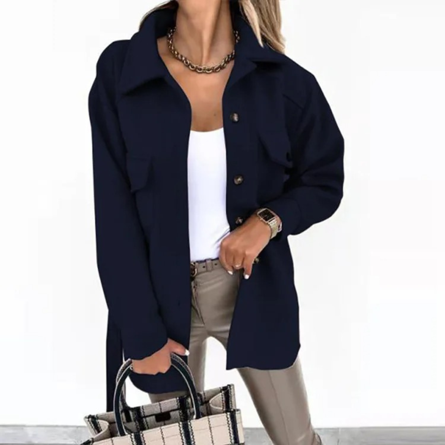 Nomani - Blue Turned Collar With Button Fleece Long Summer Jacket