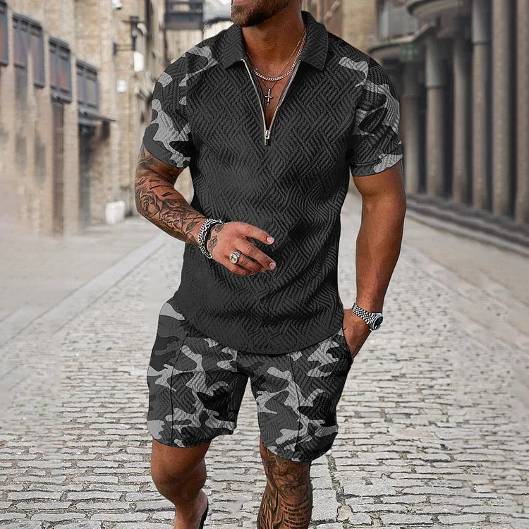 Men's Camouflage Sleeve Polo Shirt And Shorts Co-Ord