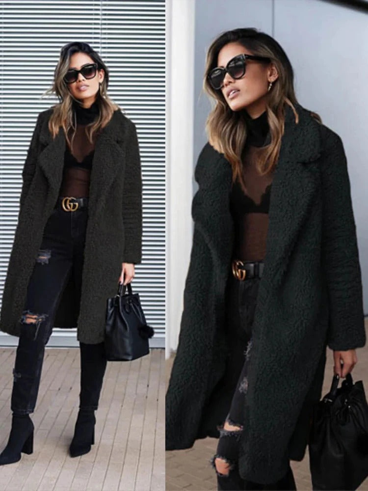 Women's Shearling Coat - Wide Lapel - Open Front - Soft Textured Warm Outerwear