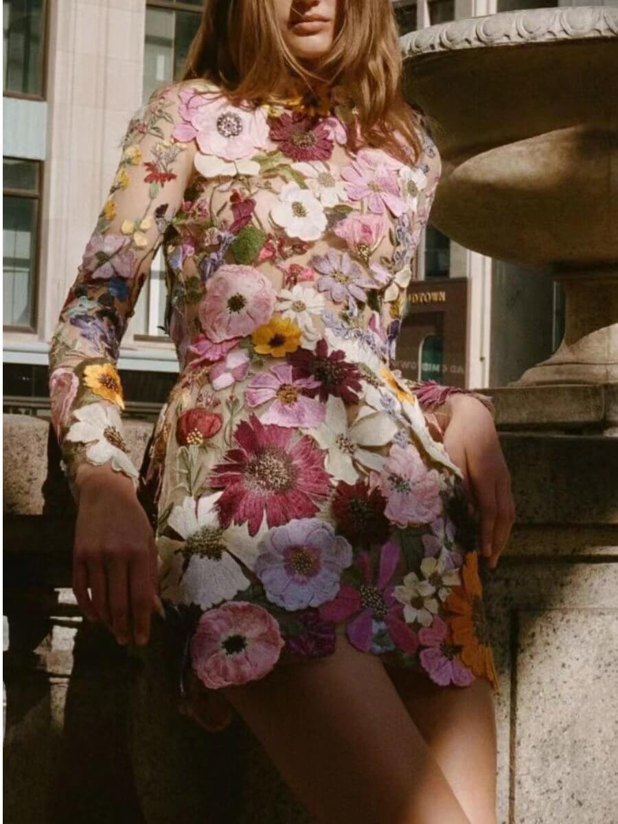 3D Floral Embroidered Dress - Sustainable All-Season Style
