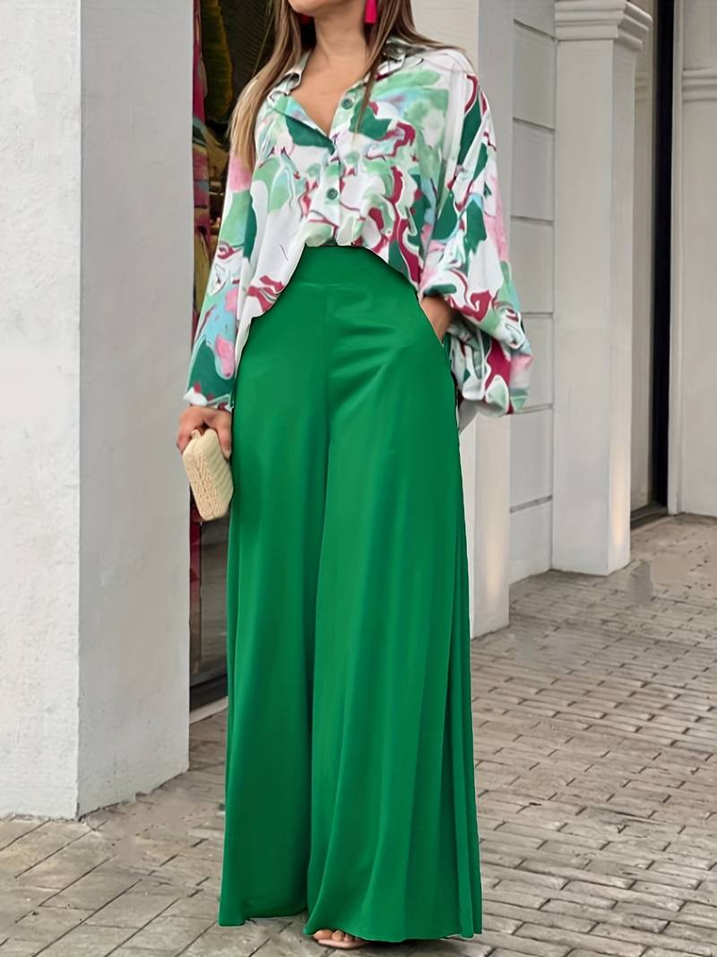 Stylish printed blouse and wide-leg trousers two-piece set for women