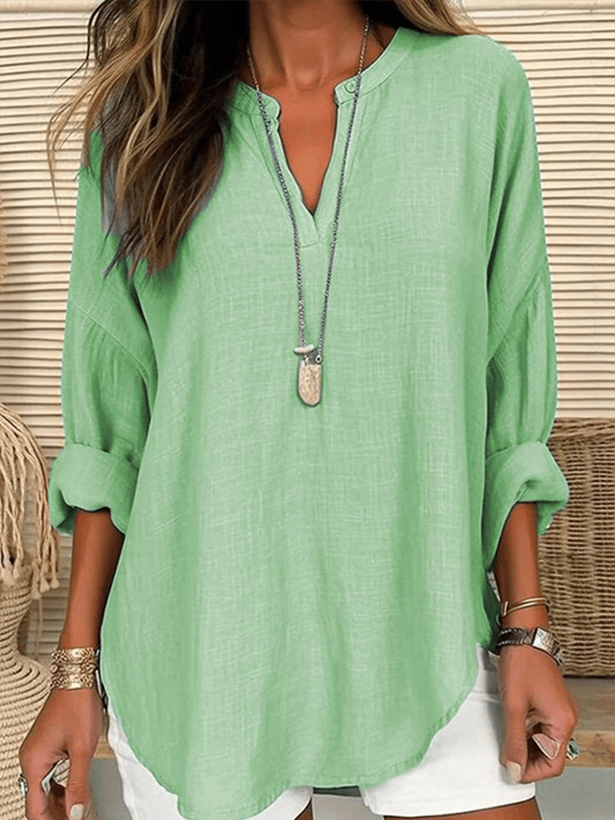 Women's Cotton Long Sleeve Round Neck Solid Color Loose Beach Shirt