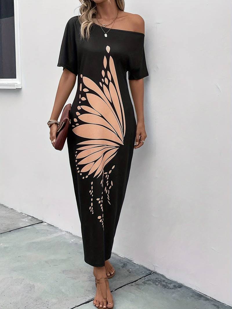 Sophia – dress with slanted shoulders and butterfly print