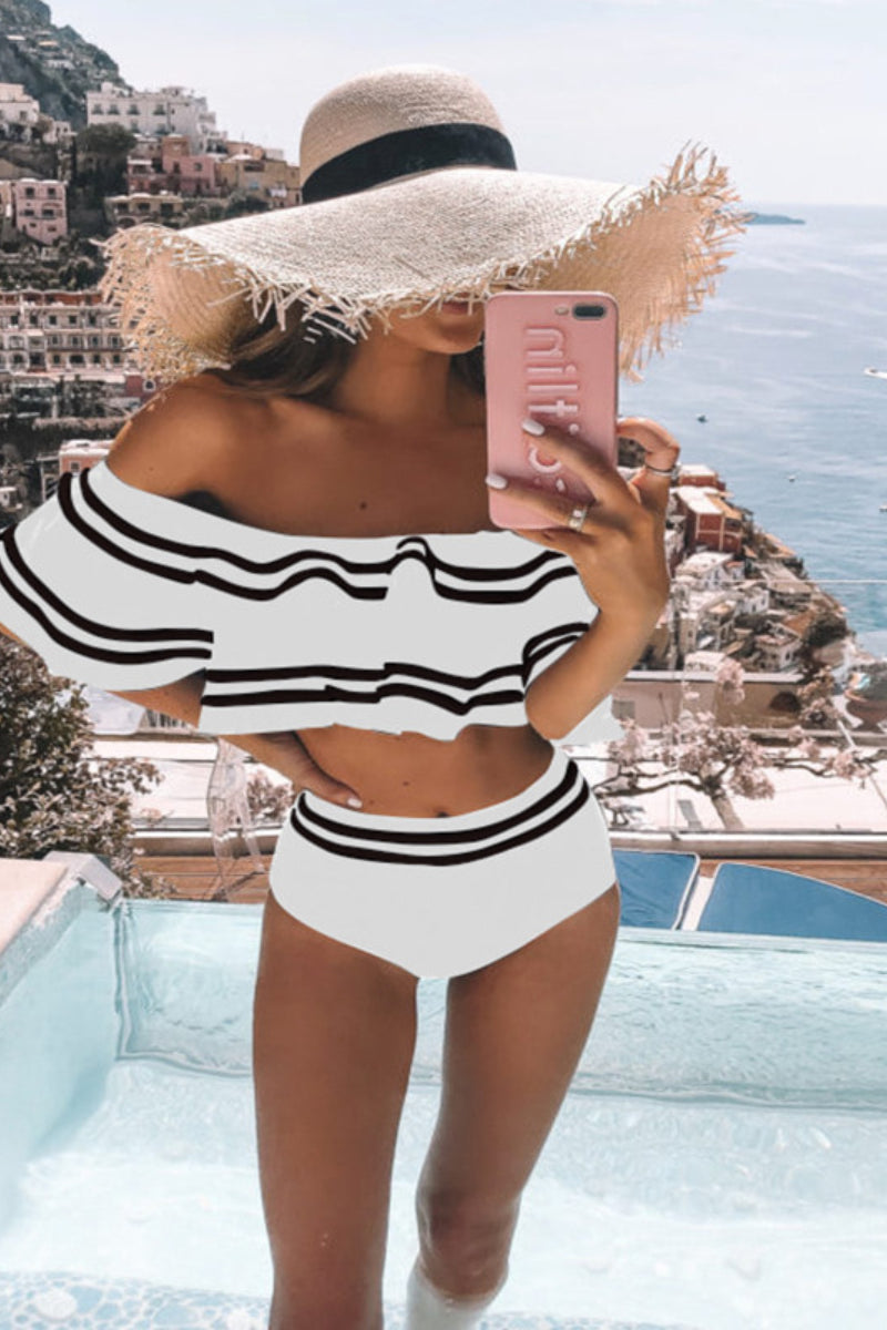 Striped Dew Shoulder Two pieces Swimsuit (3 Colors)